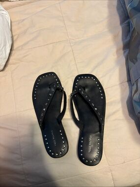 Free People Black Studded Thong Sandals with Silver Accents